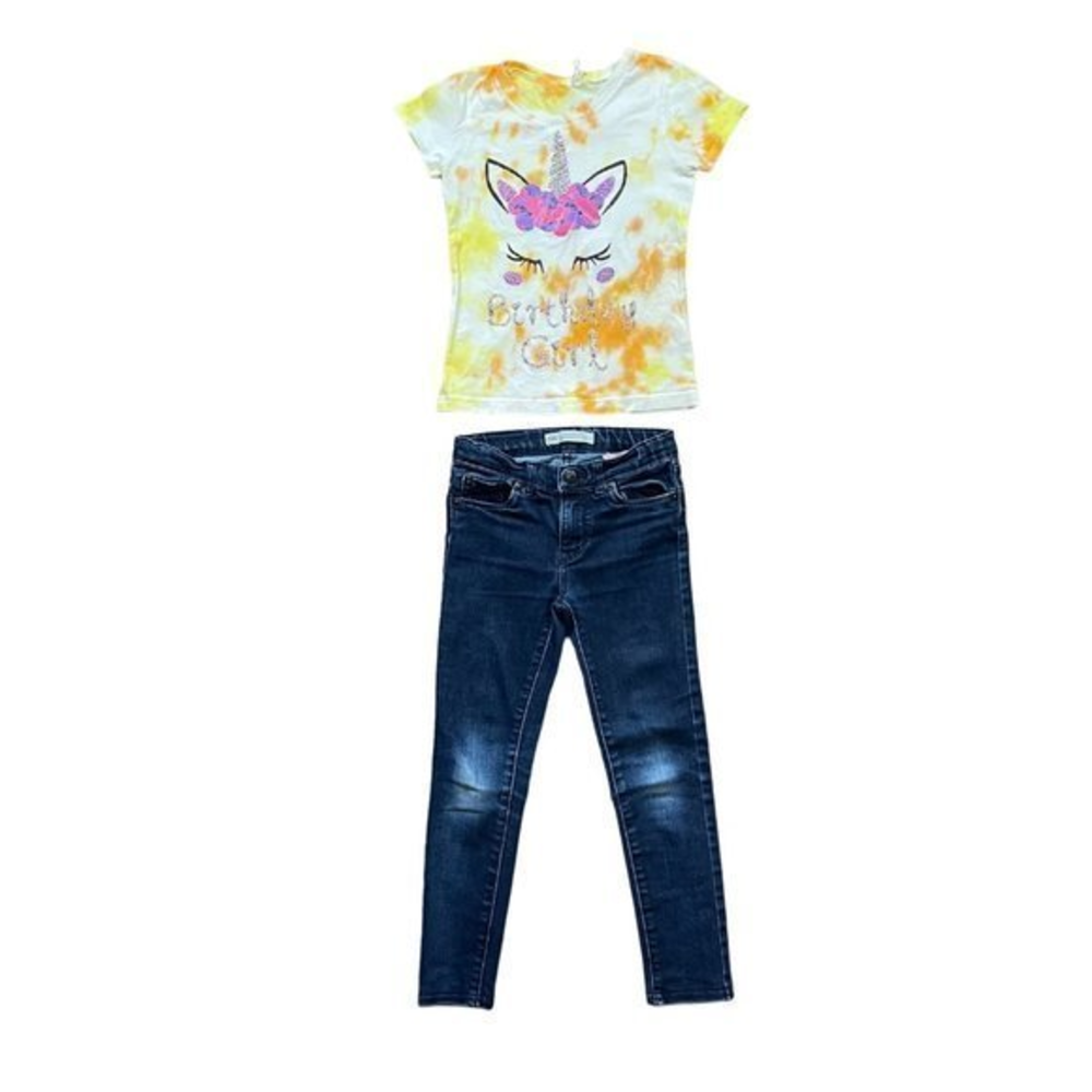 Levi's Girl's Dark Wash Jeans and Unicorn Birthday Girl Tie-Dye Shirt Size 6